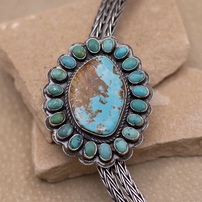 Travis Teller KIngman Turquoise Cluster Bolo on Custom Silver Cord