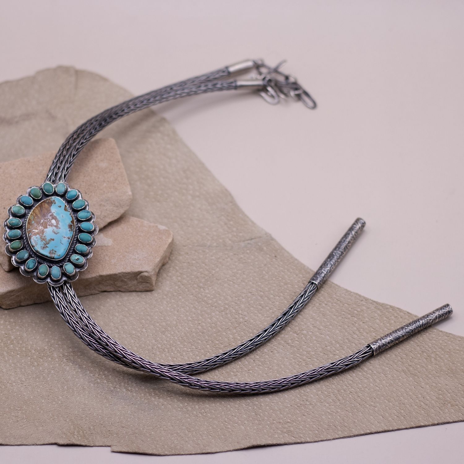 Travis Teller KIngman Turquoise Cluster Bolo on Custom Silver Cord