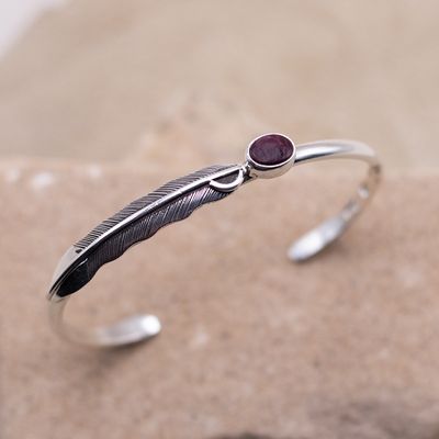 Thin feather bracelet w/ purple spiny oyster shell