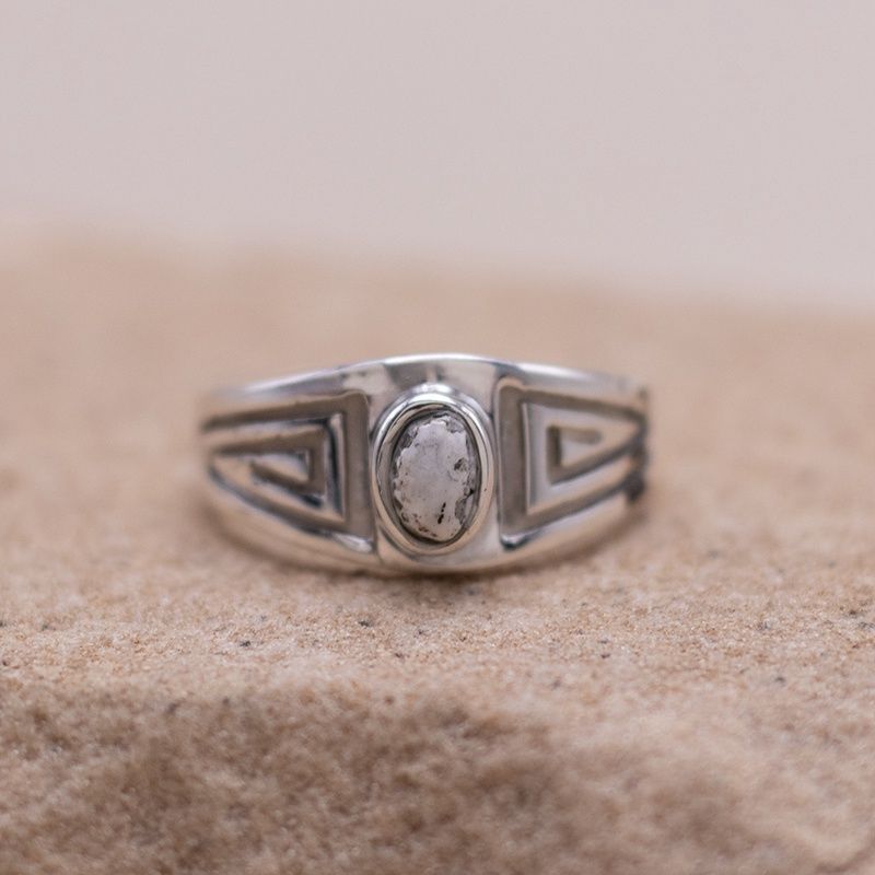 Small White Buffalo Stone Ring w/ Overlay Patterns