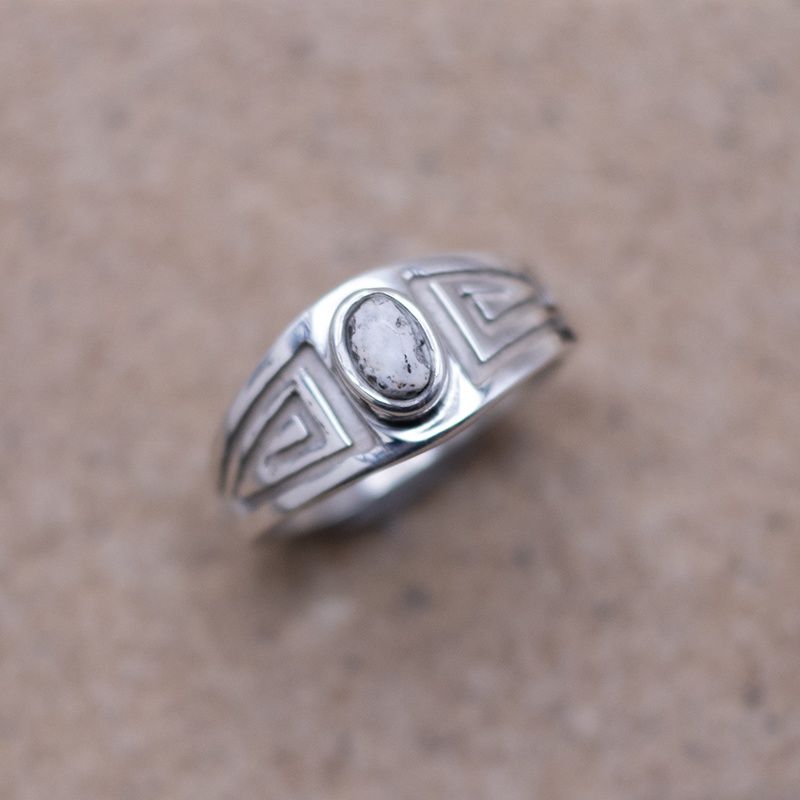 Small White Buffalo Stone Ring w/ Overlay Patterns