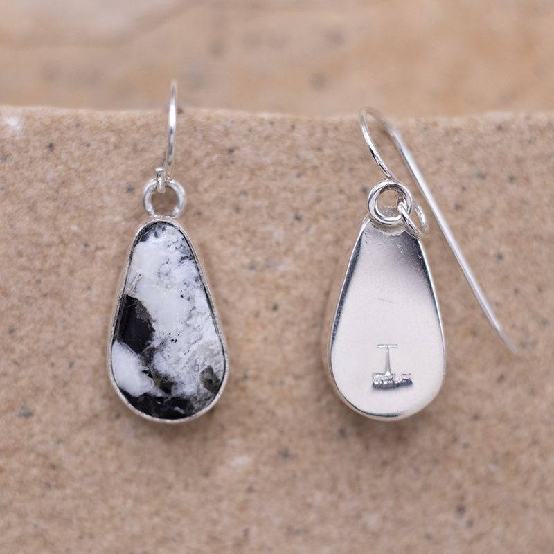 White Buffalo teardrop Dangle Earrings w/ Smooth Bezel