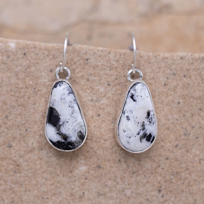 White Buffalo teardrop Dangle Earrings w/ Smooth Bezel