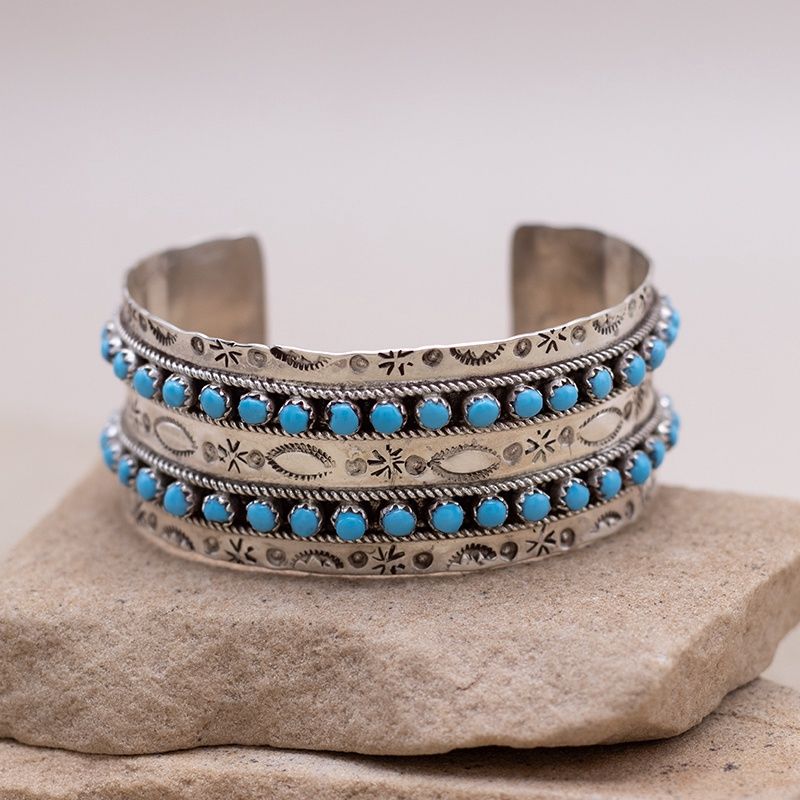 Two Row Snake Eye Turquoise Stamped Cuff Bracelet
