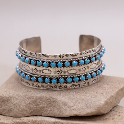 Two Row Snake Eye Turquoise Stamped Cuff Bracelet