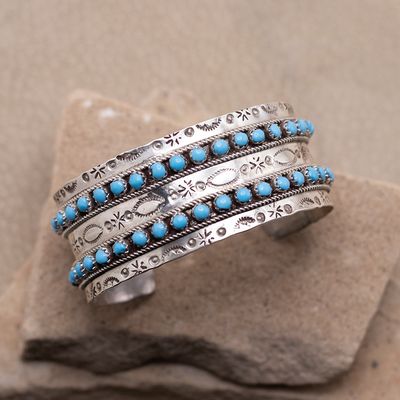Two Row Snake Eye Turquoise Stamped Cuff Bracelet