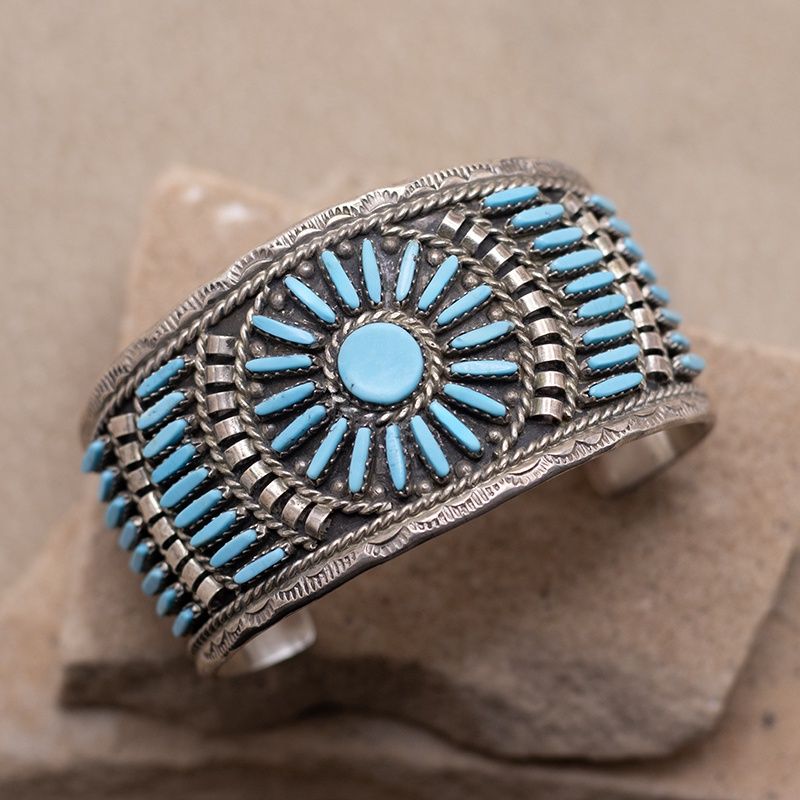 Wide Petit Point Turquoise Cluster Cuff Bracelet