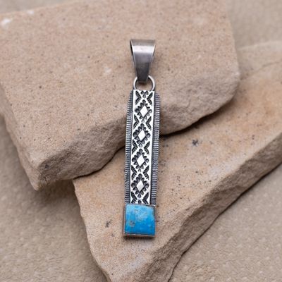 Long Stamped Kingman Turquoise Pendant by Travis Teller