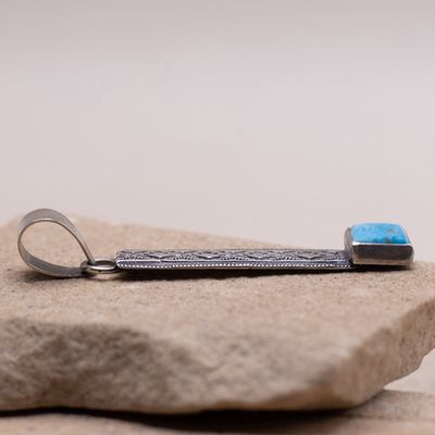 Long Stamped Kingman Turquoise Pendant by Travis Teller