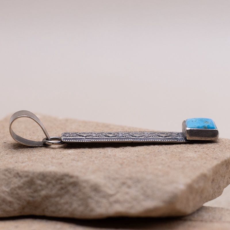 Long Stamped Kingman Turquoise Pendant by Travis Teller