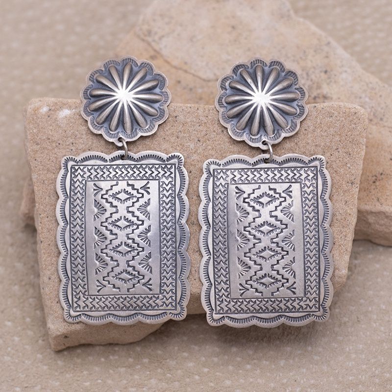 Large Stamped Silver Dangle Earrings