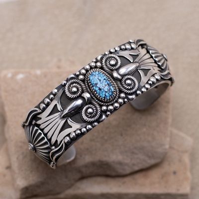 Heavy Kingman Spiderweb Turquoise Cuff Bracelet by Delbert Gordon