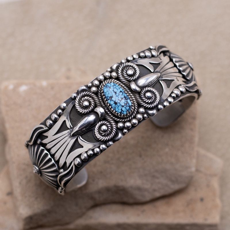 Heavy Kingman Spiderweb Turquoise Cuff Bracelet by Delbert Gordon