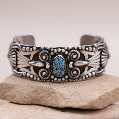 Heavy Kingman Spiderweb Turquoise Cuff Bracelet by Delbert Gordon