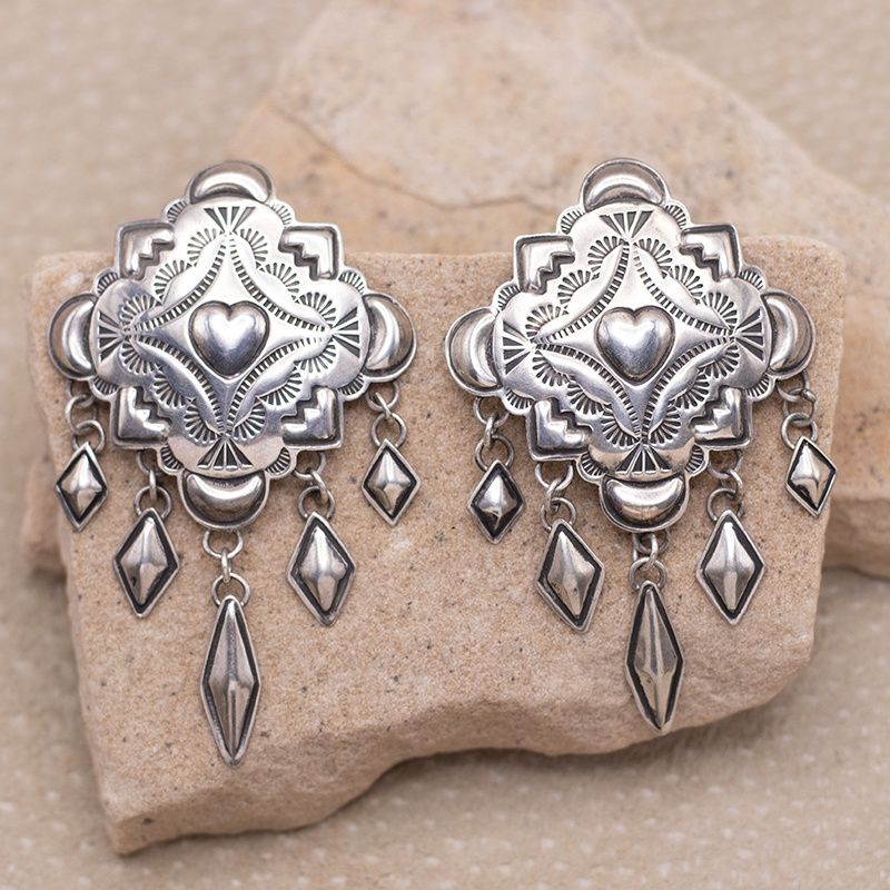 Stamped Silver Fringe Earrings with Heart