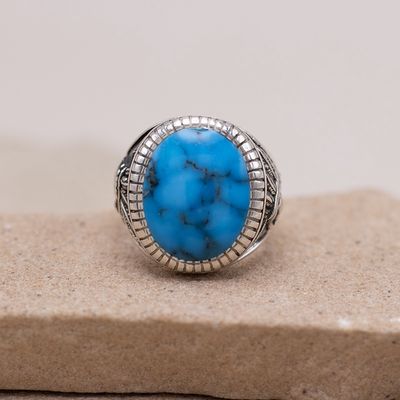 Large Oval Spiderweb Turquoise Ring w/ Chief Motifs