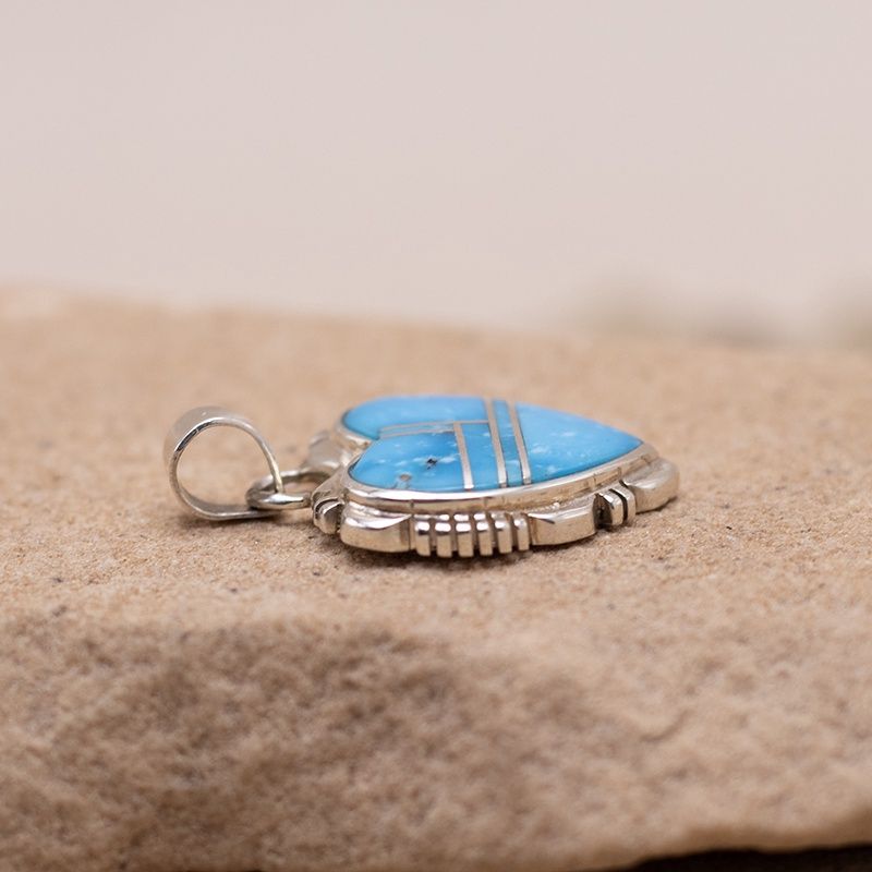 Small Turquoise Inlay Heart Pendant with Sawcut Sides