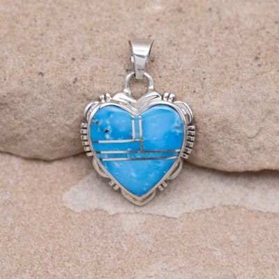 Small Turquoise Inlay Heart Pendant with Sawcut Sides