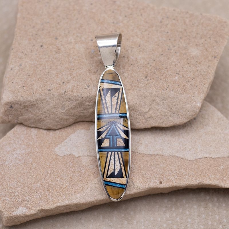 Jasper, Jet, Tiger's Eye, and Turquoise Geometric Inlay Pendant