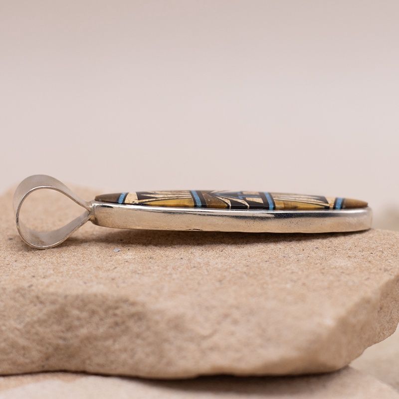 Jasper, Jet, Tiger's Eye, and Turquoise Geometric Inlay Pendant