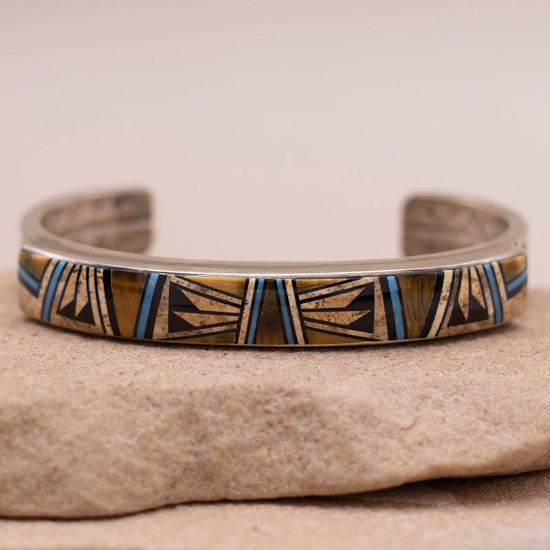 Jasper, Jet, Turquoise, and Tiger's Eye Inlay Cuff by Francis