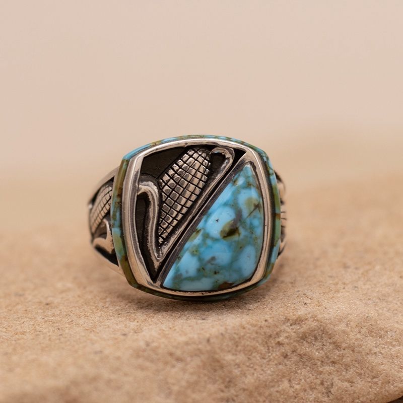 Turquoise Inlay Ring w/ Corn Motifs