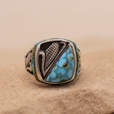 Turquoise Inlay Ring w/ Corn Motifs