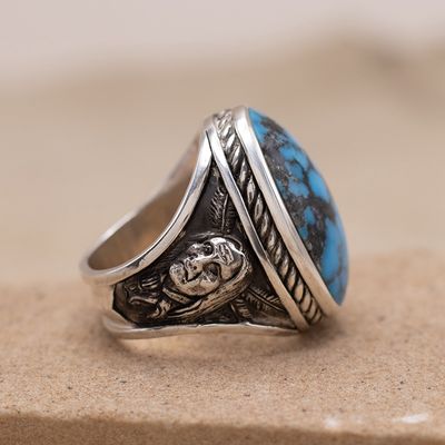 Large Turquoise Ring w/ General Custer and Crazy Horse Motifs