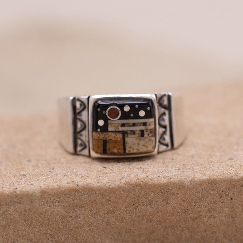Square Adobe Pueblo Inlay Ring with Stamping