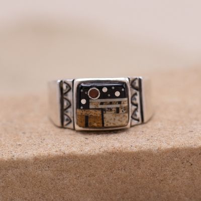 Square Adobe Pueblo Inlay Ring with Stamping