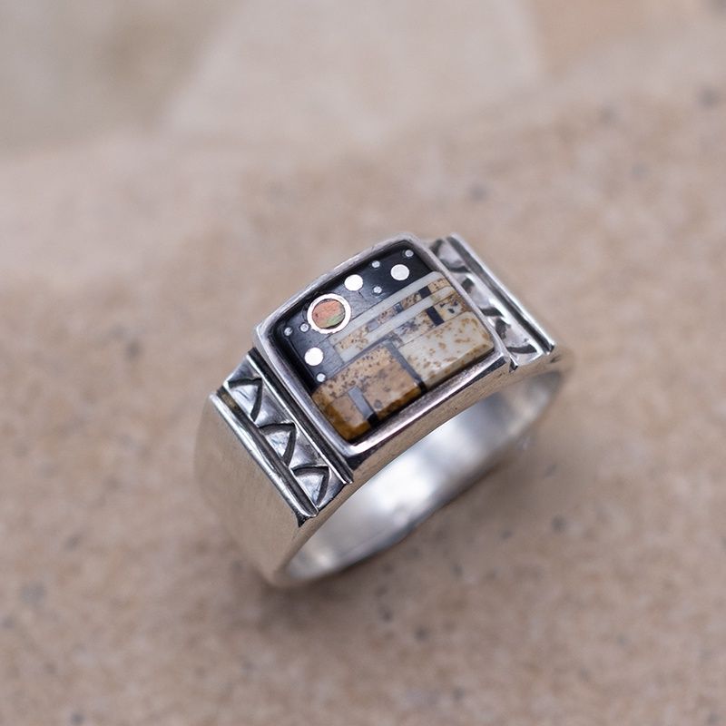 Square Adobe Pueblo Inlay Ring with Stamping