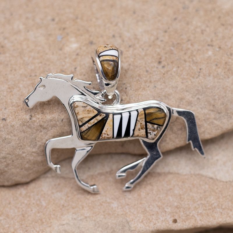 Jasper, White Buffalo, and Jet Inlaid Horse Pendant by Marty Yazzie