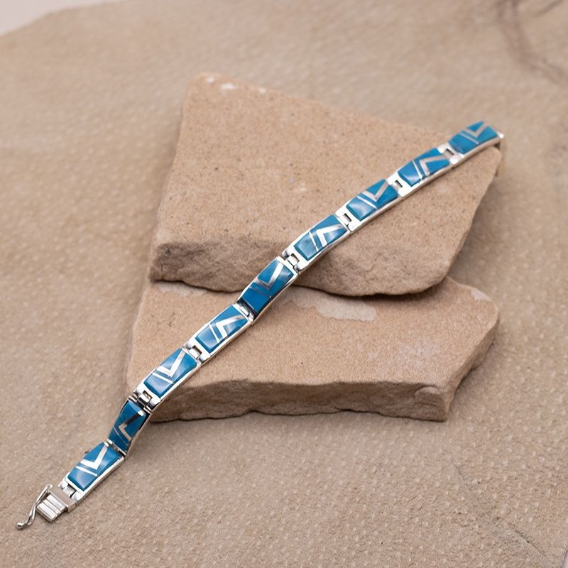 Wide Turquoise Inlay Link Bracelet by Valerie Yazzie