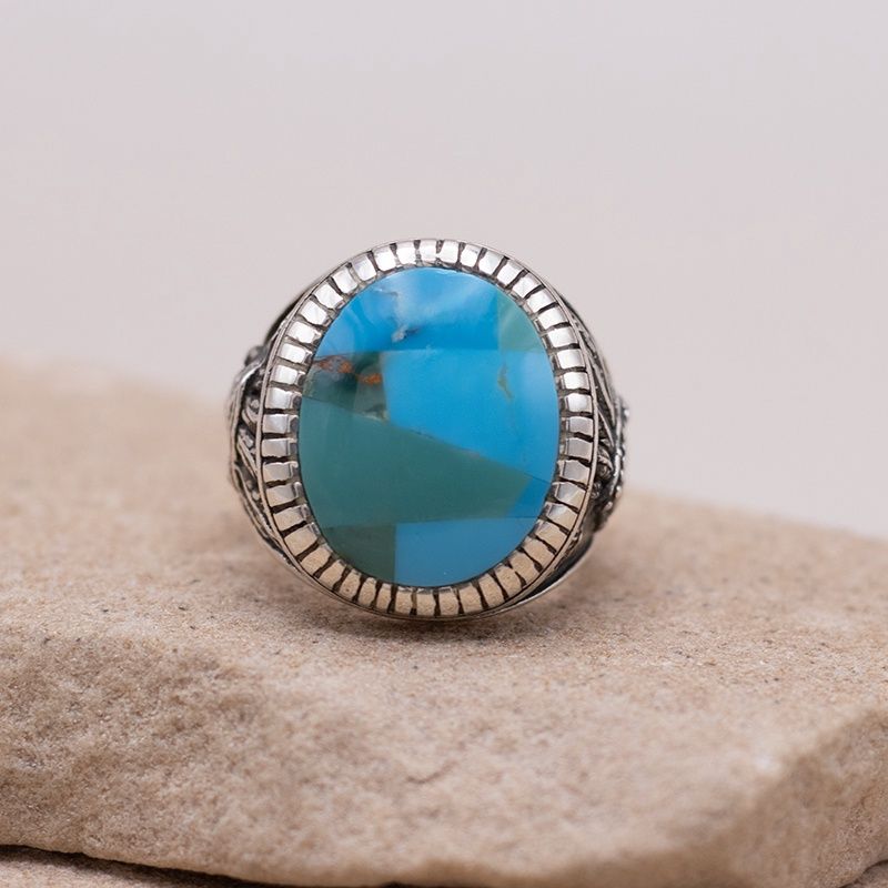 Large Oval Turquoise Inlay Ring w/ Native American Chief Motifs