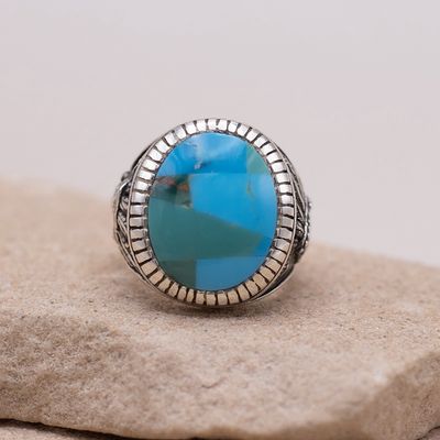 Large Oval Turquoise Inlay Ring w/ Native American Chief Motifs