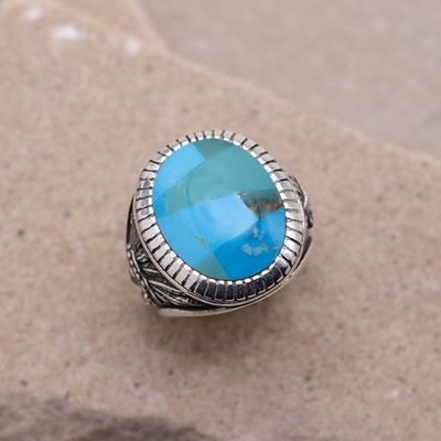 Large Oval Turquoise Inlay Ring w/ Native American Chief Motifs