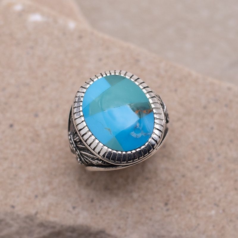 Large Oval Turquoise Inlay Ring w/ Native American Chief Motifs