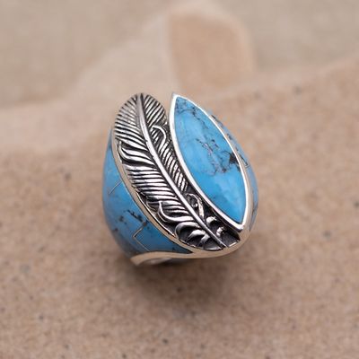 Turquoise Inlay Ring w/ 3D Feather &amp; Side Inlay