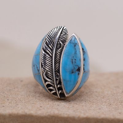 Turquoise Inlay Ring w/ 3D Feather &amp; Side Inlay