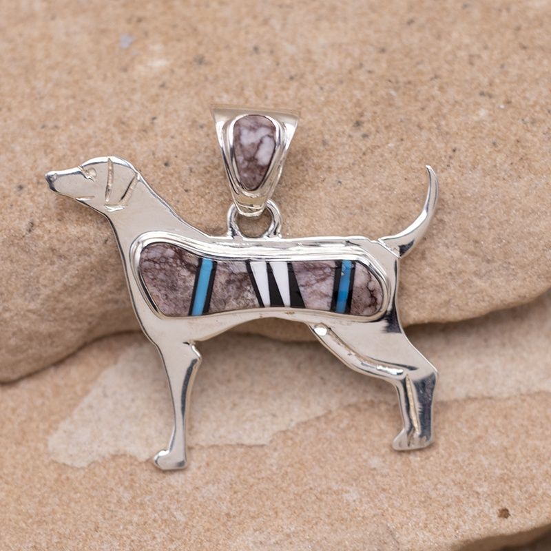 Jasper, White Buffalo, and Turquoise Inlaid Dog Pendant