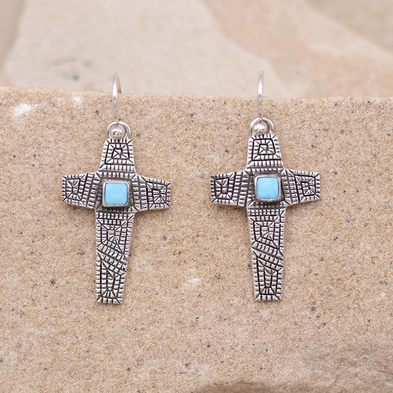 Basketweave Cross Dangle Earrings with Turquoise