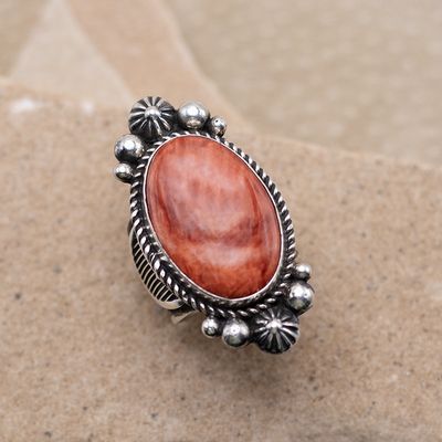 Oval Red Spiny Oyster Ring with Bead Details by Albert Jake