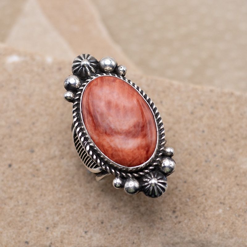 Oval Red Spiny Oyster Ring with Bead Details by Albert Jake