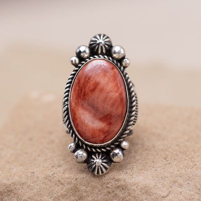 Oval Red Spiny Oyster Ring with Bead Details by Albert Jake