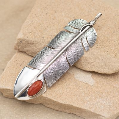 Large Feather Pendant with Coral by Lena Platero