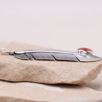Large Feather Pendant with Coral by Lena Platero
