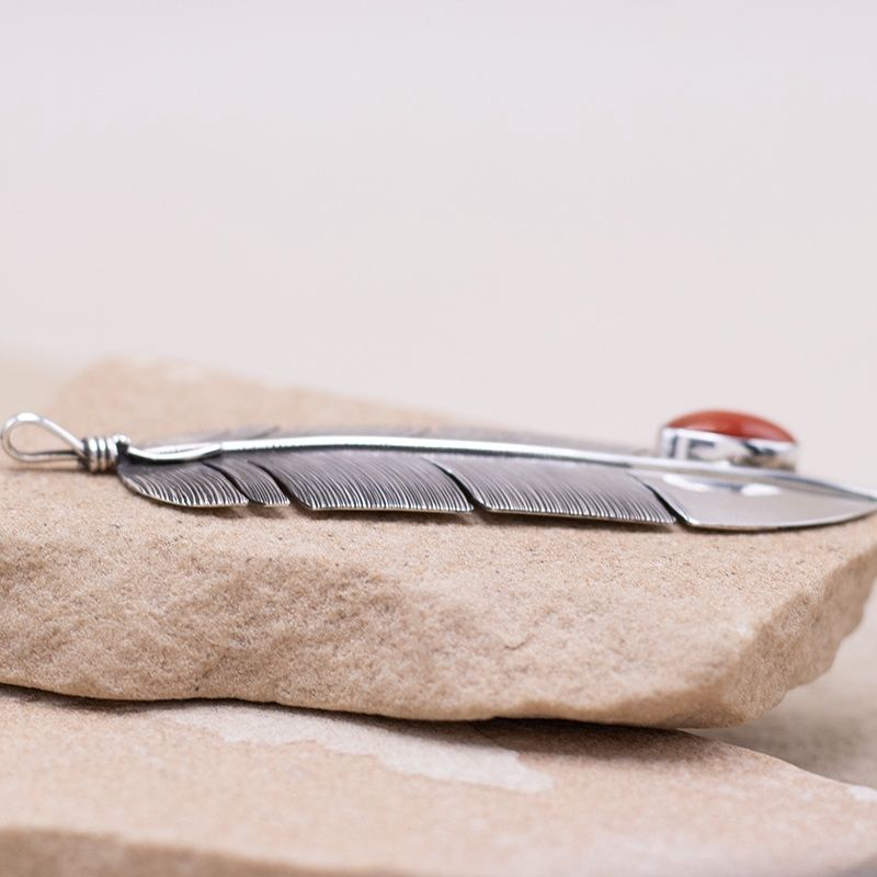 Large Feather Pendant with Coral by Lena Platero