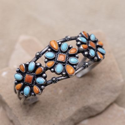 Orange Spiny Oyster Shell and Turquoise Cluster Cuff