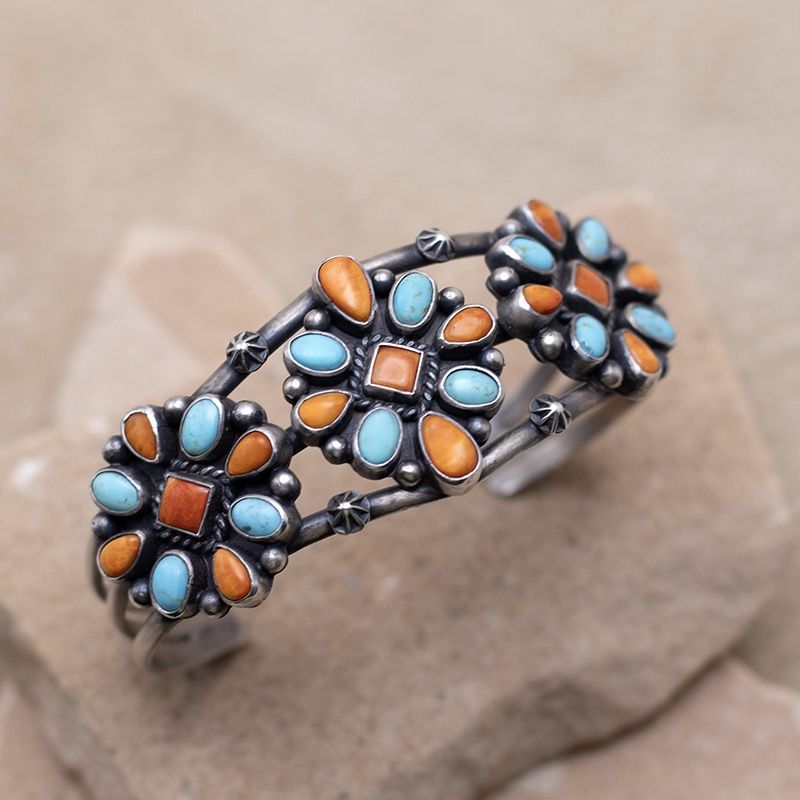Orange Spiny Oyster Shell and Turquoise Cluster Cuff