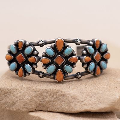 Orange Spiny Oyster Shell and Turquoise Cluster Cuff